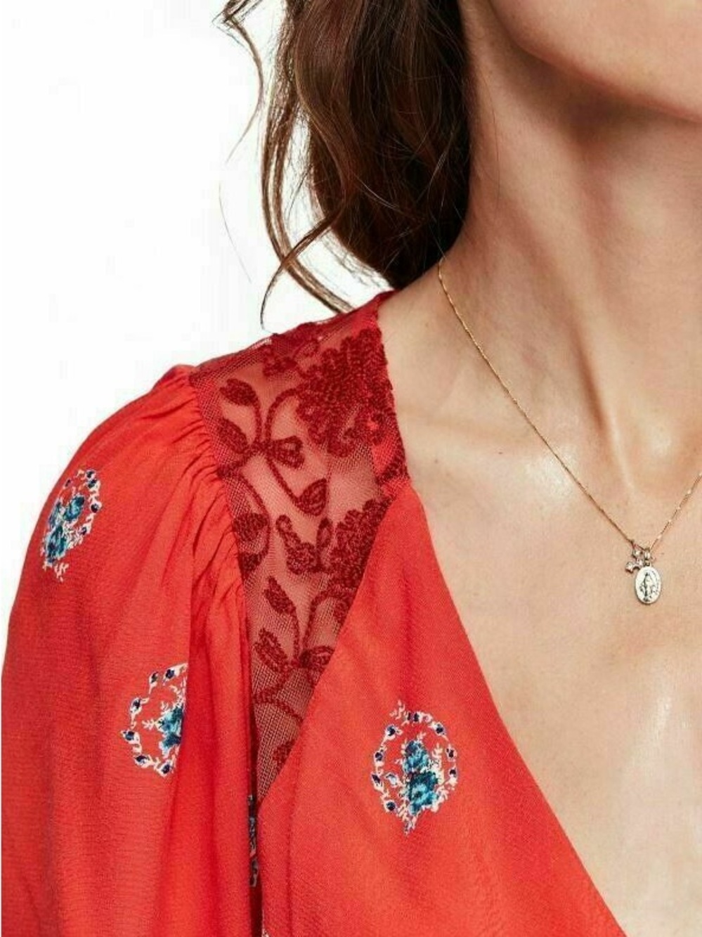 Free People Mockingbird Coral Red Floral Deep V Mini Dress - Size 10 - Picture 3 of 12